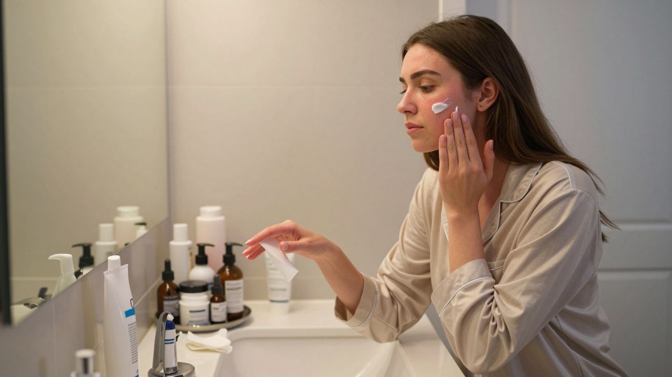 Mulher aplicando creme facial no banheiro em frente ao espelho, usando pijama claro.