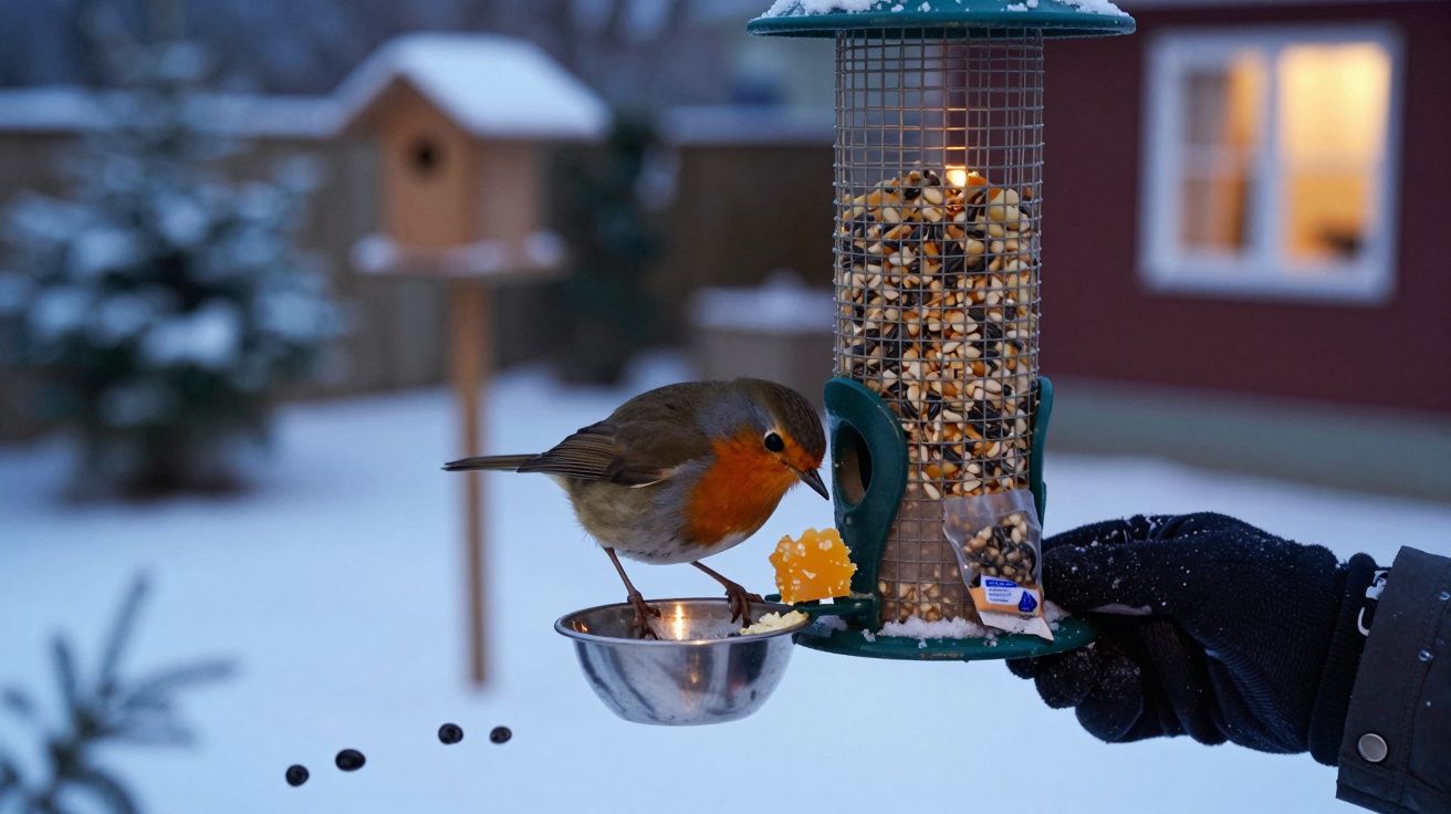 Penas vermelhas, pássaro no alimentador com sementes, neve e casa desfocada ao fundo.