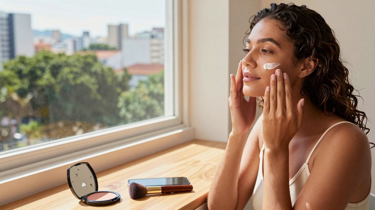 Mulher aplicando creme no rosto em janela com maquiagem e pincel sobre mesa de madeira.