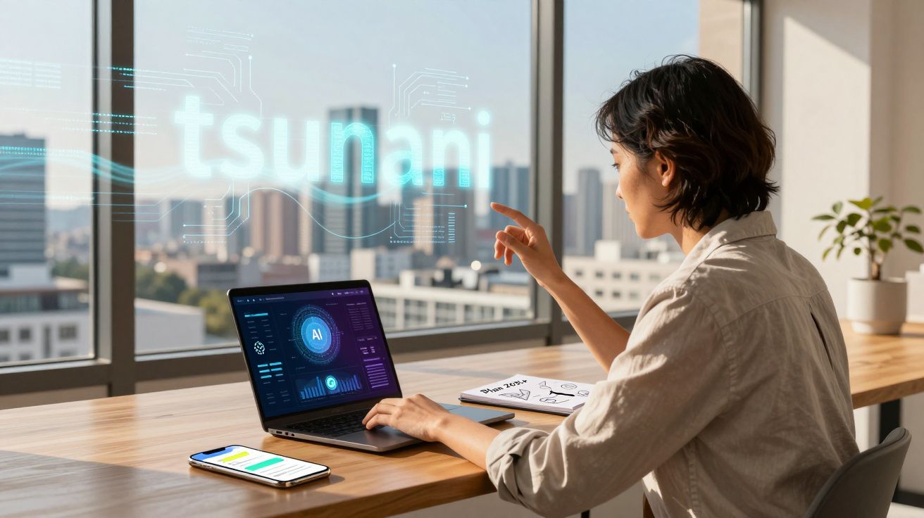 Mulher mexendo em laptop com tela de IA, olhando para projeção holográfica da palavra "tsunami".