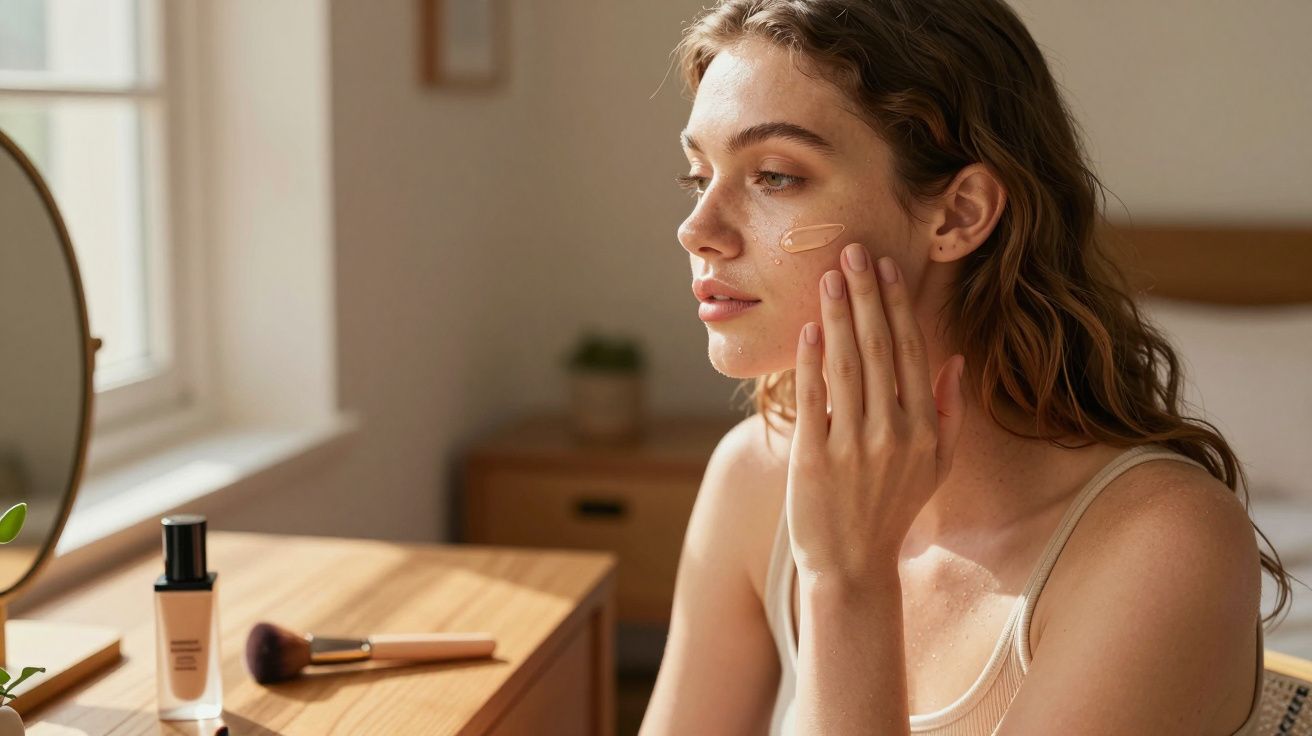 Mulher aplicando base no rosto em ambiente iluminado, com espelho e pincel sobre a mesa de madeira.