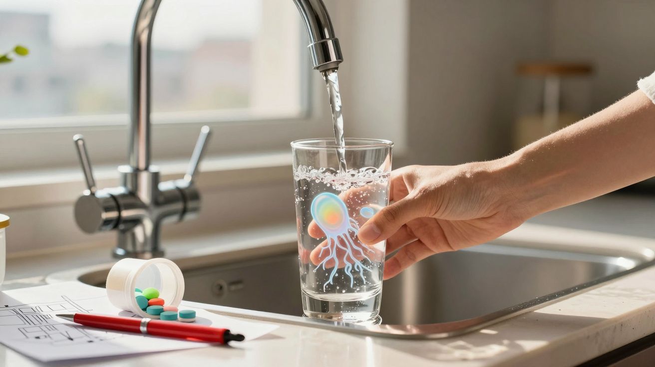 Pessoa enchendo copo com água na pia, com comprimidos coloridos e caneta vermelha sobre a bancada.