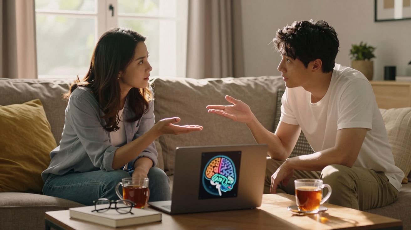 Casal discutindo sentado no sofá com laptop aberto mostrando imagem colorida do cérebro na mesa à frente.