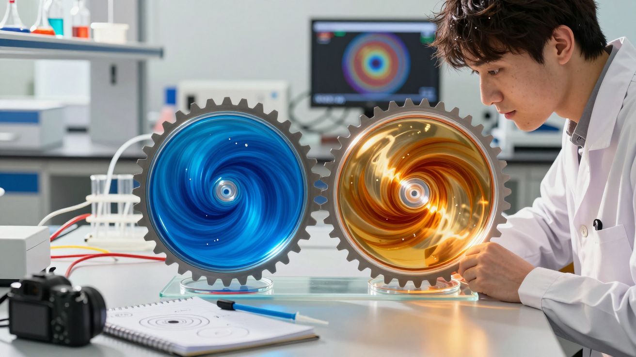 Cientista observando engrenagens com efeitos azuis e dourados em laboratório moderno com equipamentos científicos.