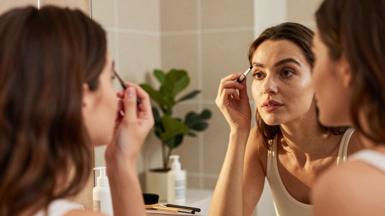Mulher aplicando maquiagem nas sobrancelhas em frente ao espelho no banheiro.