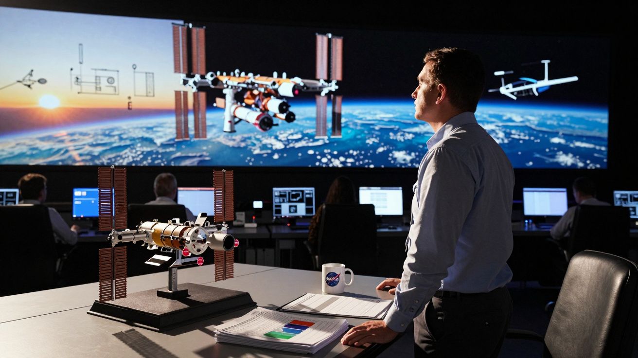 Homem observa modelo de estação espacial com planeta Terra e sol ao fundo em tela grande no centro de controle.