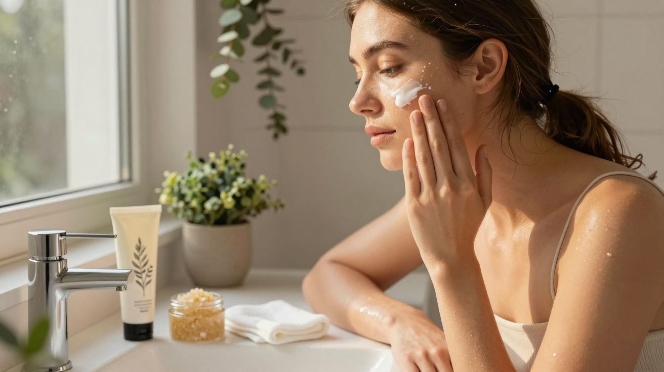 Mulher aplicando creme facial ao lado de pia com planta e produtos de cuidados pessoais.