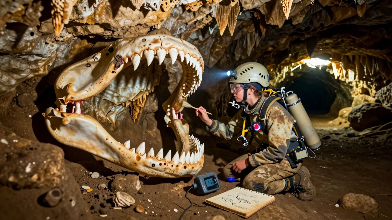 Explorador com equipamento de mergulho examina esqueleto gigante de tubarão em caverna com estalactites.