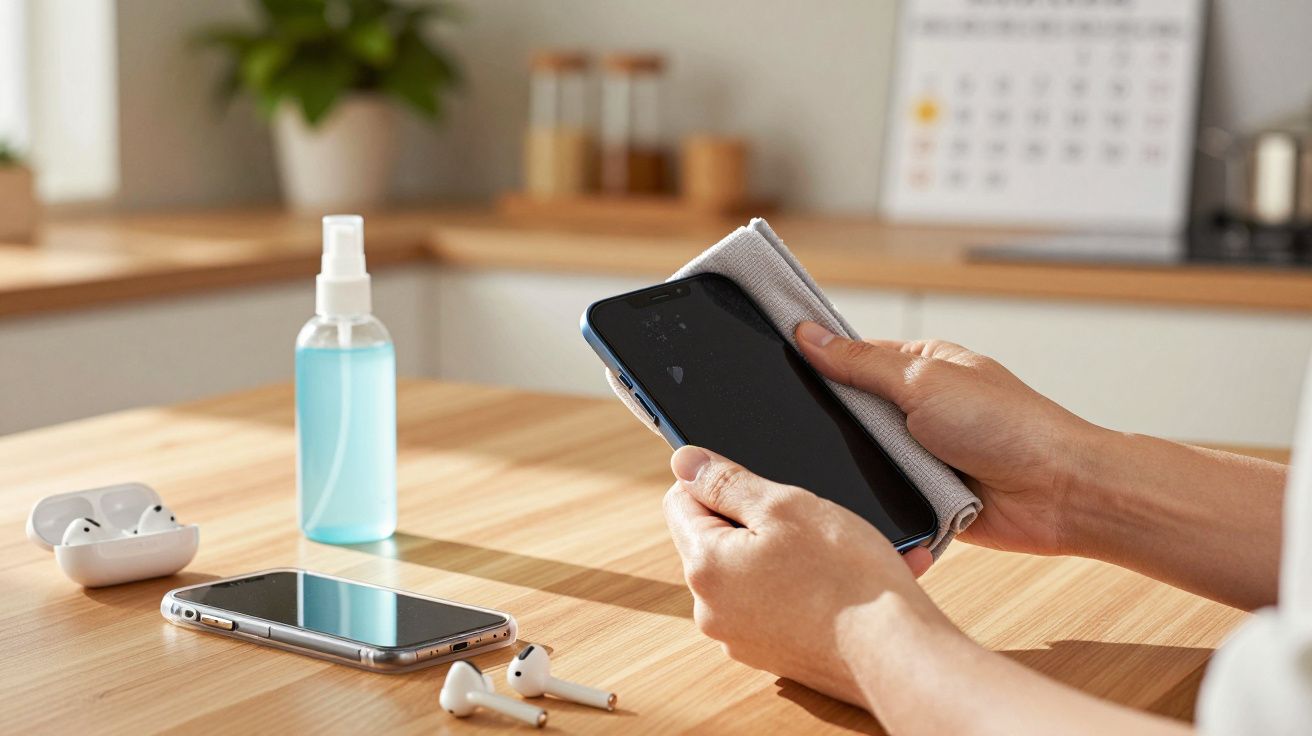 Pessoa limpando tela de celular com pano ao lado de fones de ouvido e frasco de álcool em gel sobre mesa de madeira.