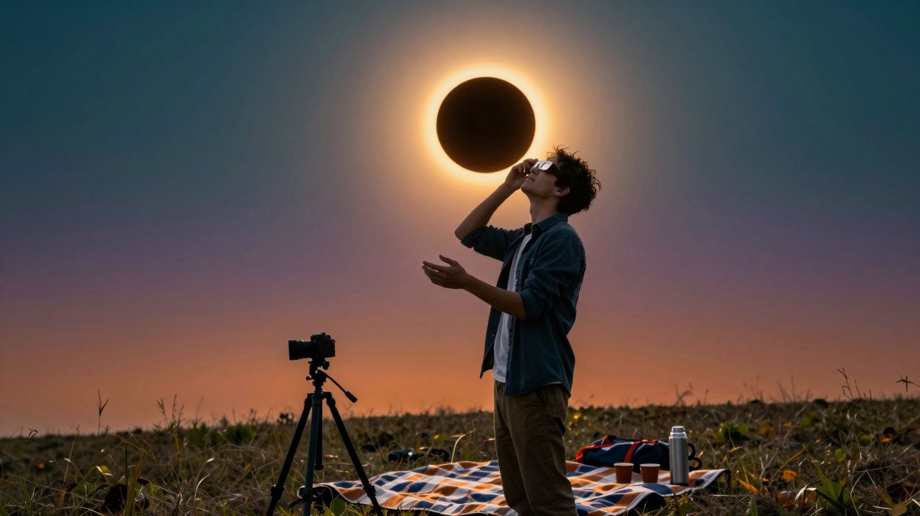 Pessoa observando eclipse solar com óculos de proteção em campo, câmera em tripé e manta no chão ao pôr do sol.