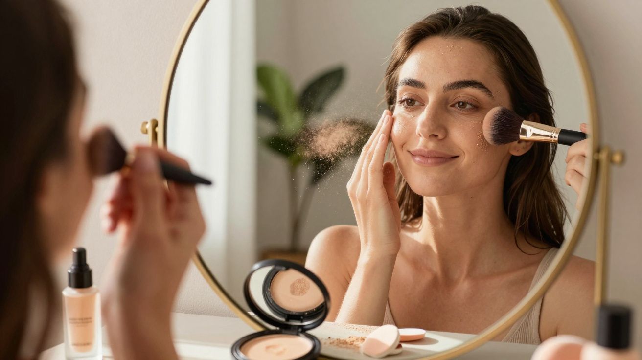 Mulher aplicando maquiagem com pincel em frente ao espelho em ambiente iluminado e acolhedor.