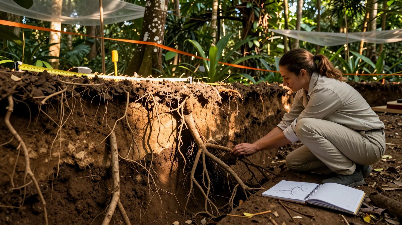 Mulher analisando raízes expostas em cova na floresta com caderno aberto ao lado.