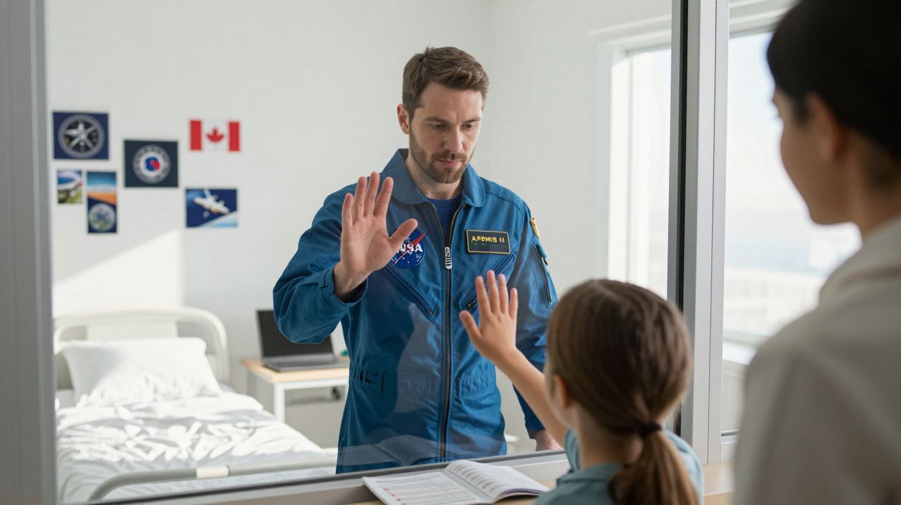 Astronauta em macacão azul toca vidro para despedida de criança com mãe ao lado em ambiente hospitalar.