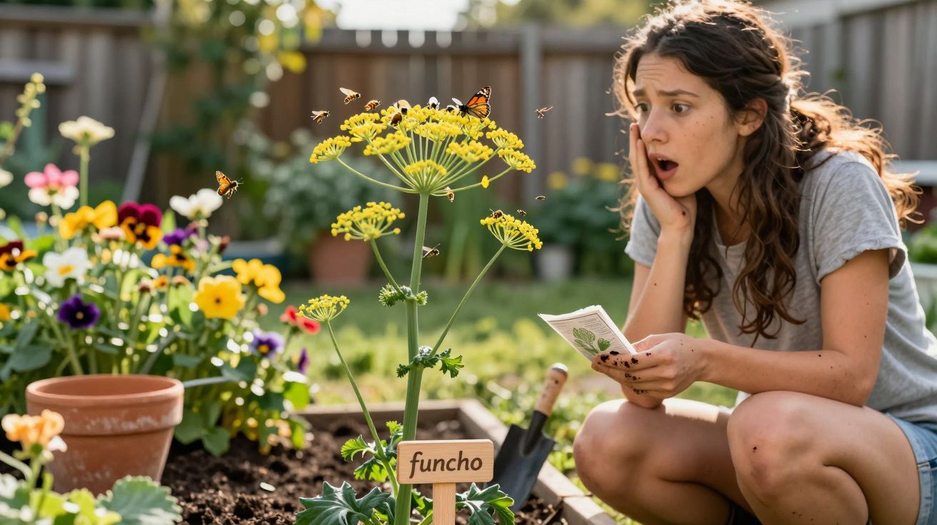 Mulher surpresa observando planta de funcho com abelhas e borboletas em jardim com flores coloridas.