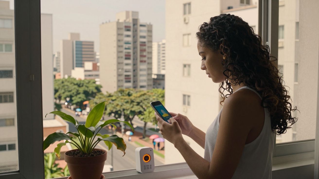 Mulher olhando para celular ao lado de vaso com planta e dispositivo eletrônico numa janela na cidade.