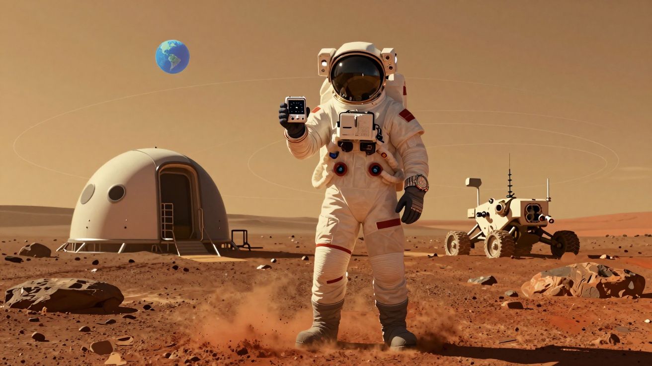 Astronauta na superfície de Marte com módulo, rover e Terra visível ao fundo.
