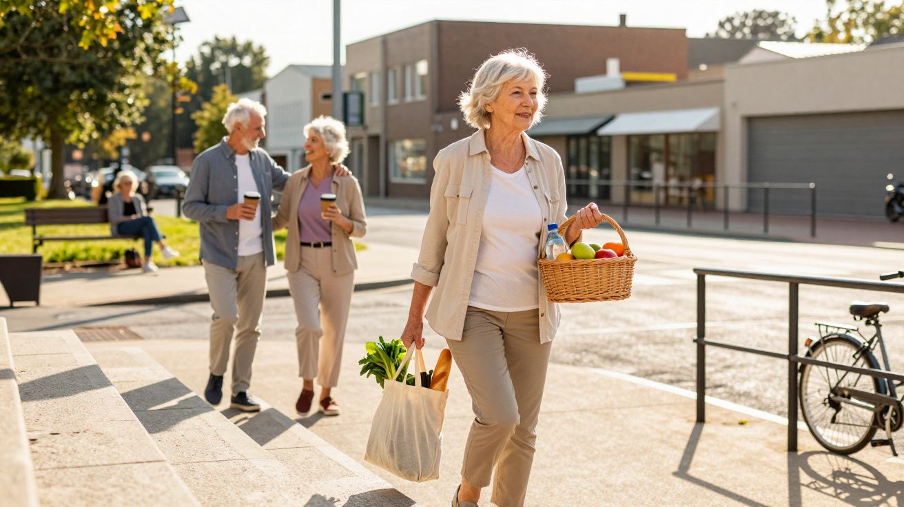 Mulher idosa caminhando com cestos de compras, casal sorridente ao fundo em área urbana ensolarada.