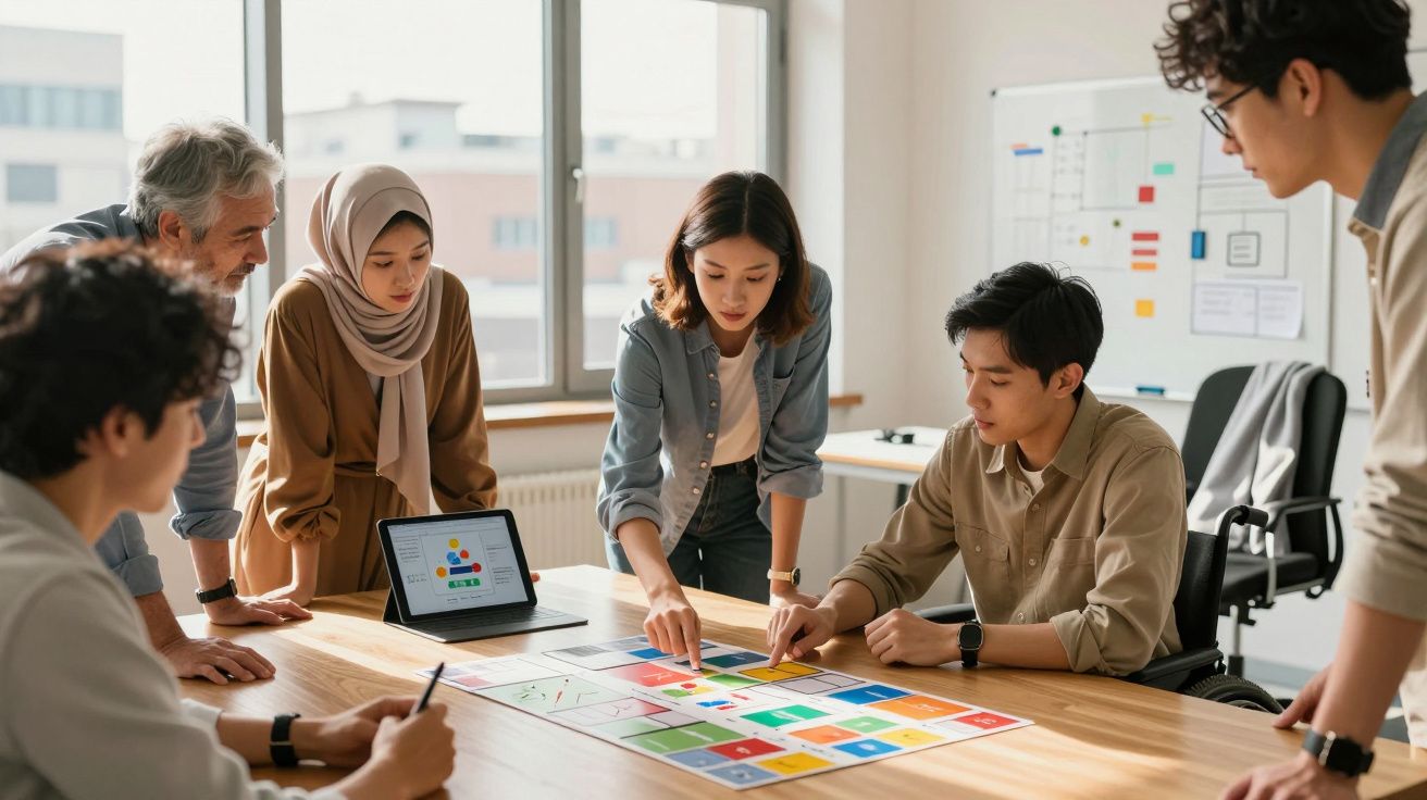 Equipe multicultural analisando gráficos e dados coloridos em mesa de reunião em ambiente de escritório moderno.