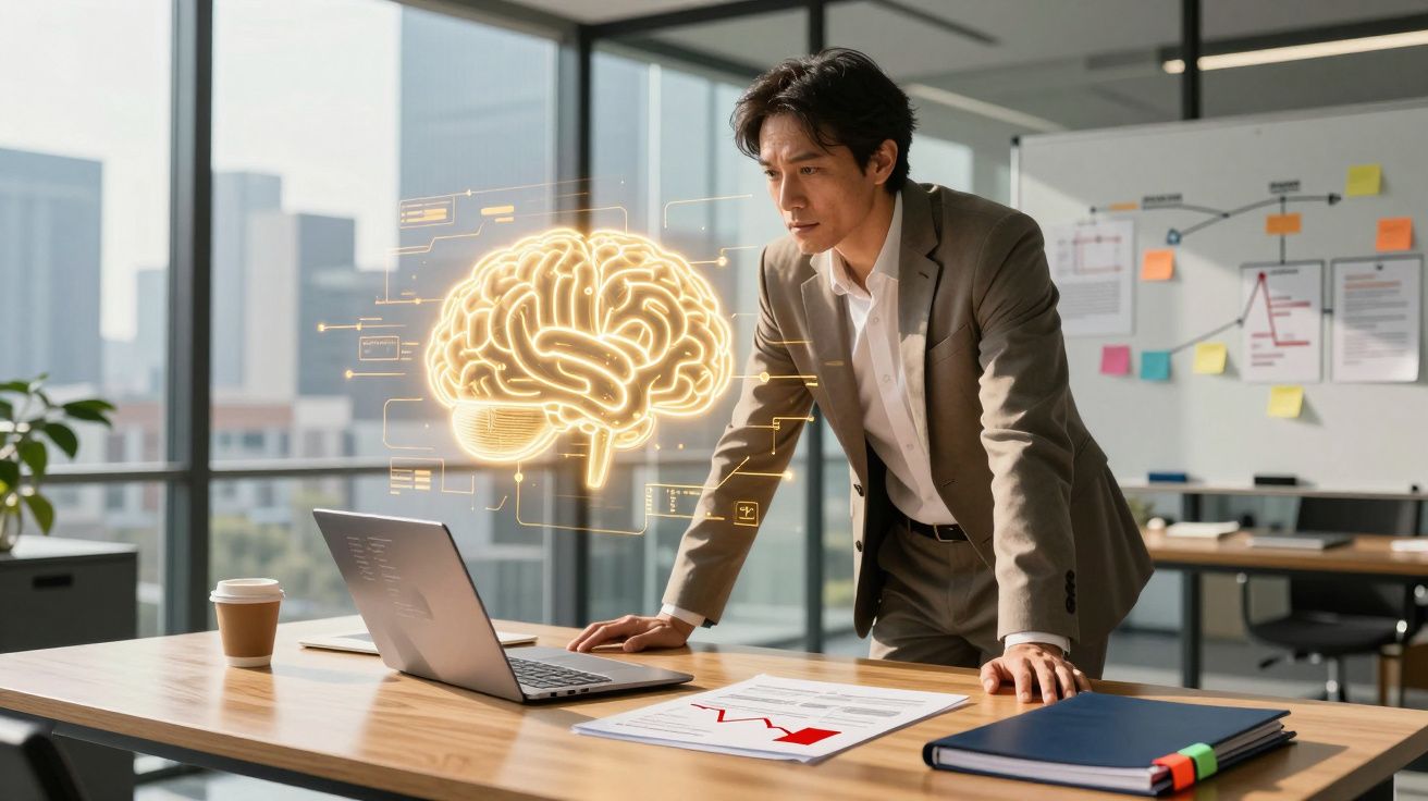 Homem de terno analisando holograma de cérebro acima de laptop em escritório moderno.