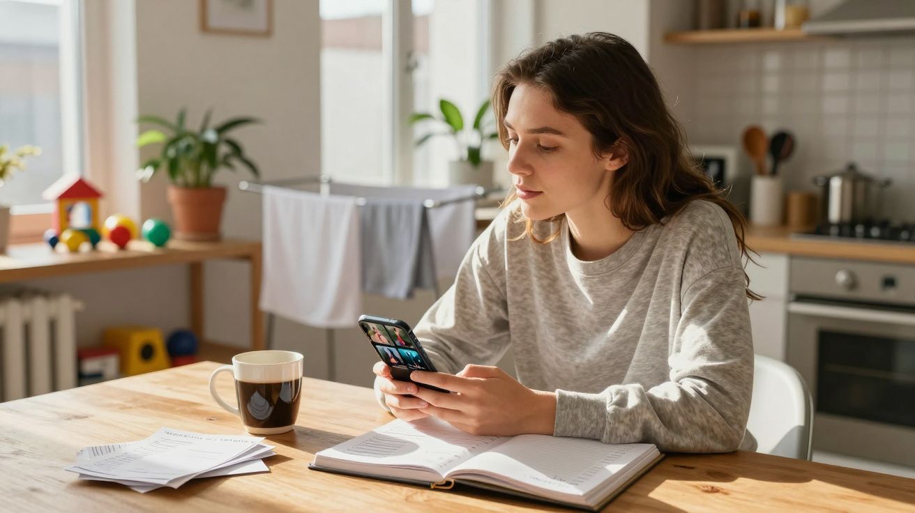 Mulher sentada à mesa com livro aberto, olhando para o celular em ambiente doméstico iluminado.