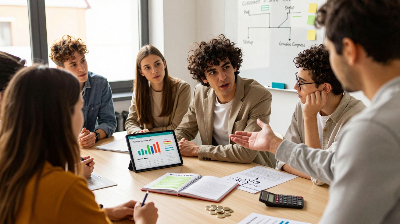 Grupo de jovens em reunião de trabalho discutindo gráficos e anotações em mesa com tablet e calculadora.