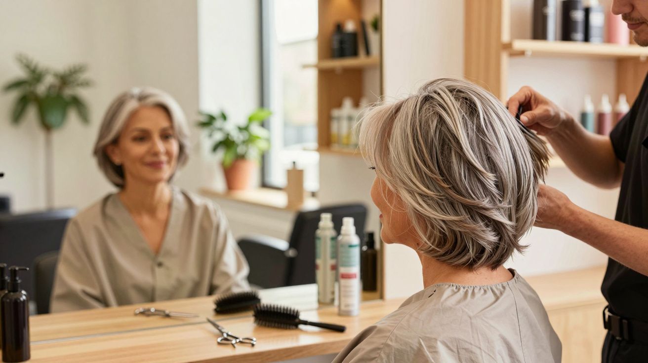 Mulher de cabelos grisalhos fazendo corte de cabelo em salão, vista pelo espelho.