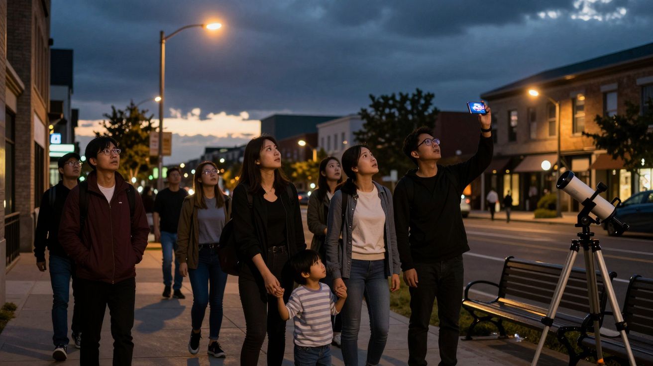 Grupo de pessoas observando o céu ao anoitecer em uma rua com telescópio e celular em mãos.