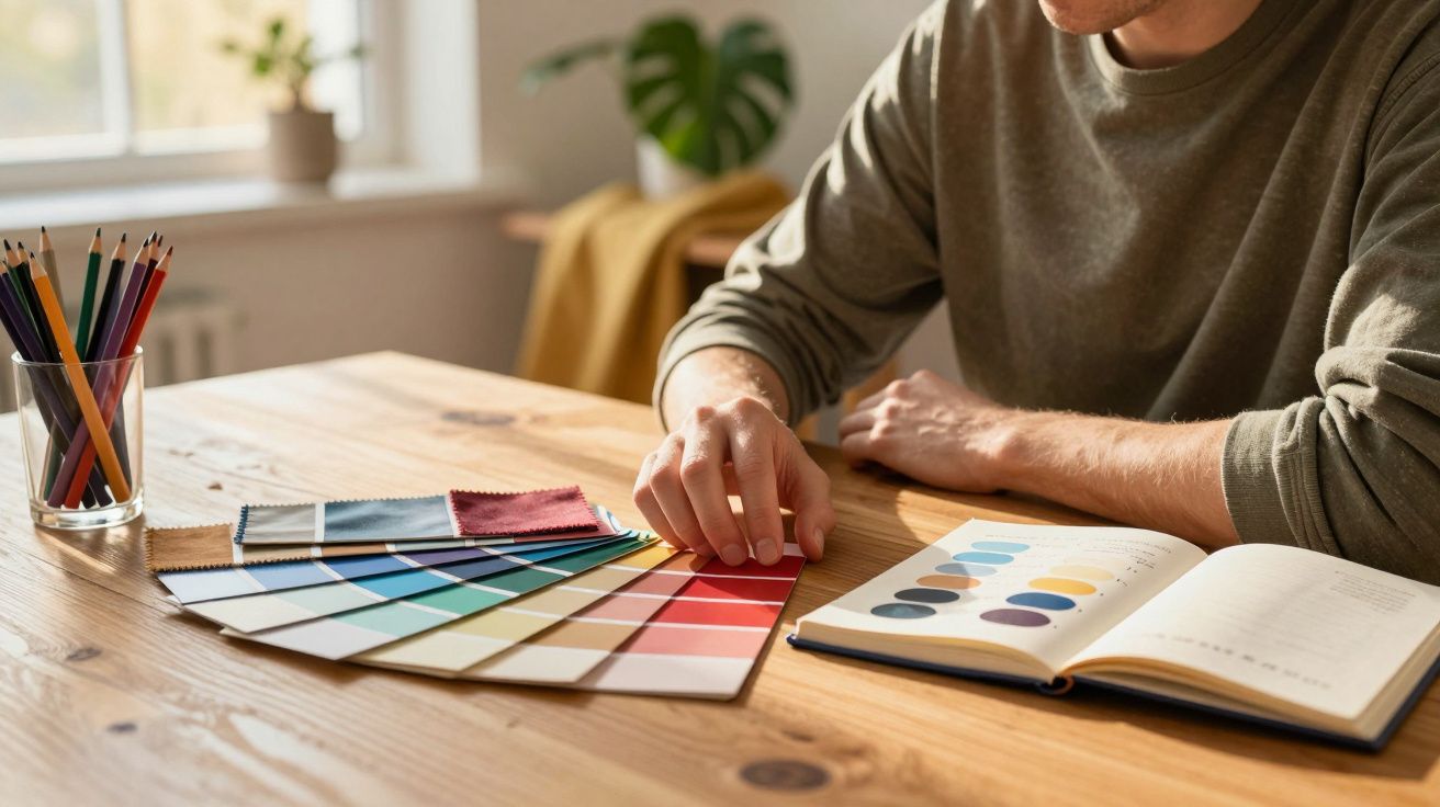 Pessoa escolhendo amostra de cores em escritório com caderno aberto e lápis de cor sobre mesa de madeira.