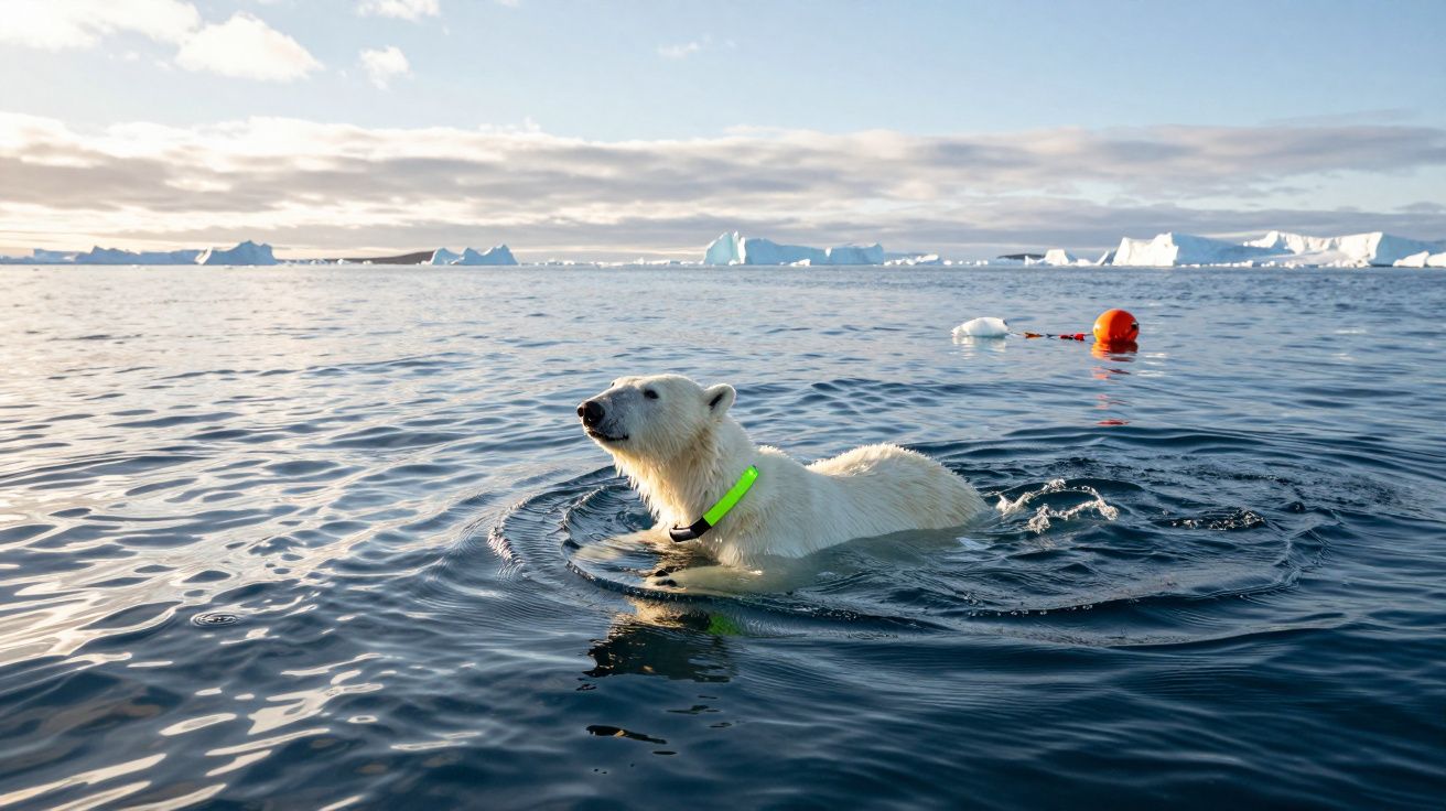 Urso polar nadando no mar gelado com colar verde fluorescente, icebergs ao fundo e céu nublado.