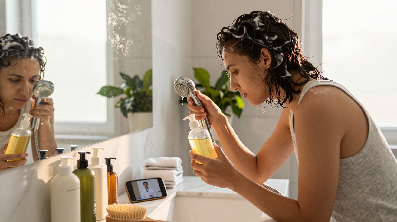 Mulher com cabelo molhado segurando chuveirinho e shampoo no banheiro, assistindo vídeo no celular.