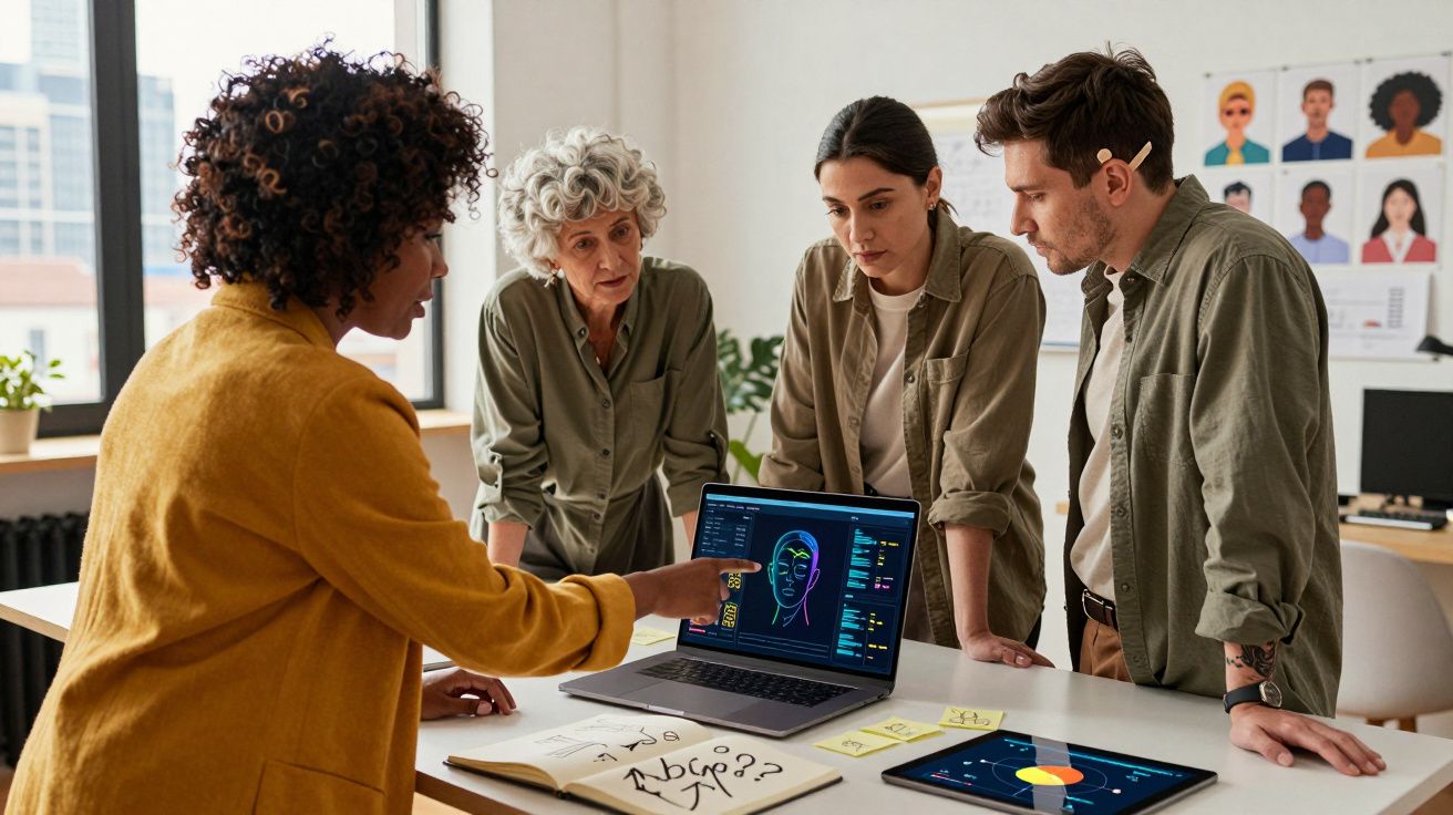 Grupo diverso analisando um projeto de design facial em laptop, em ambiente de escritório moderno.