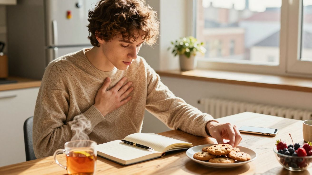 Jovem sentado à mesa com livro aberto, segurando o peito e pegando biscoito, com chá e frutas ao redor.