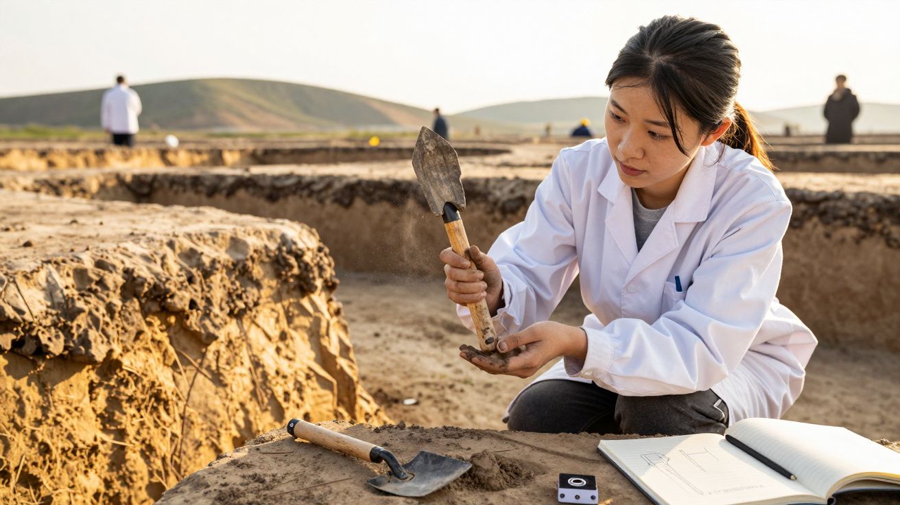Mulher arqueóloga em jaleco branco analisando fragmento de terra em escavação arqueológica ao ar livre.