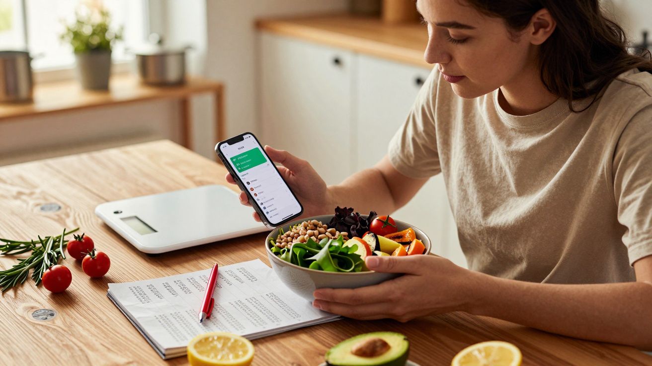 Pessoa segurando tigela com salada enquanto consulta aplicativo de dieta no celular, em cozinha.
