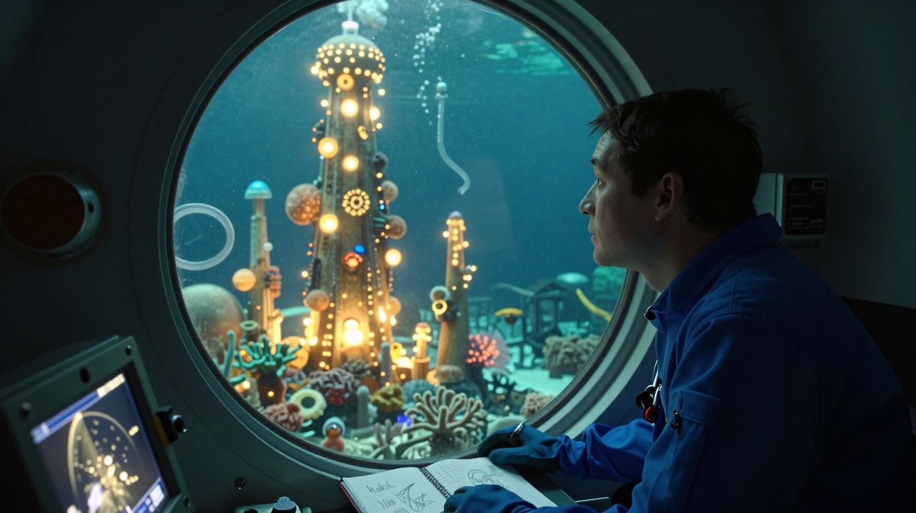 Homem observa estrutura iluminada e coral colorido através de janela redonda de submarino.