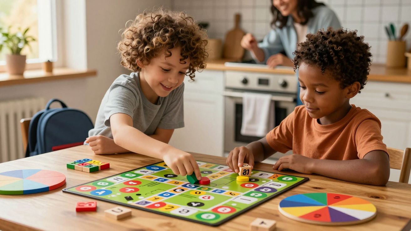 Duas crianças jogam tabuleiro de números enquanto uma mulher observa na cozinha ao fundo.