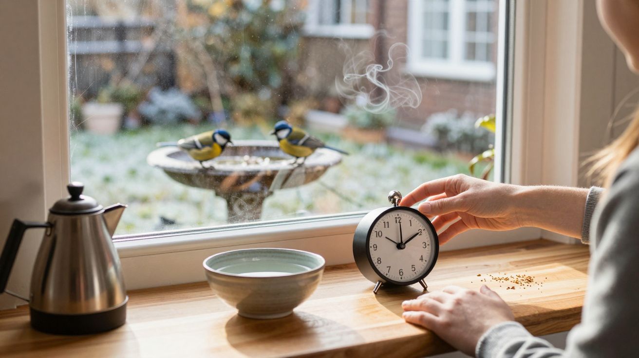 Mãos ajustando relógio em janela com chaleira, tigela, e dois pássaros em banheira de água no jardim.