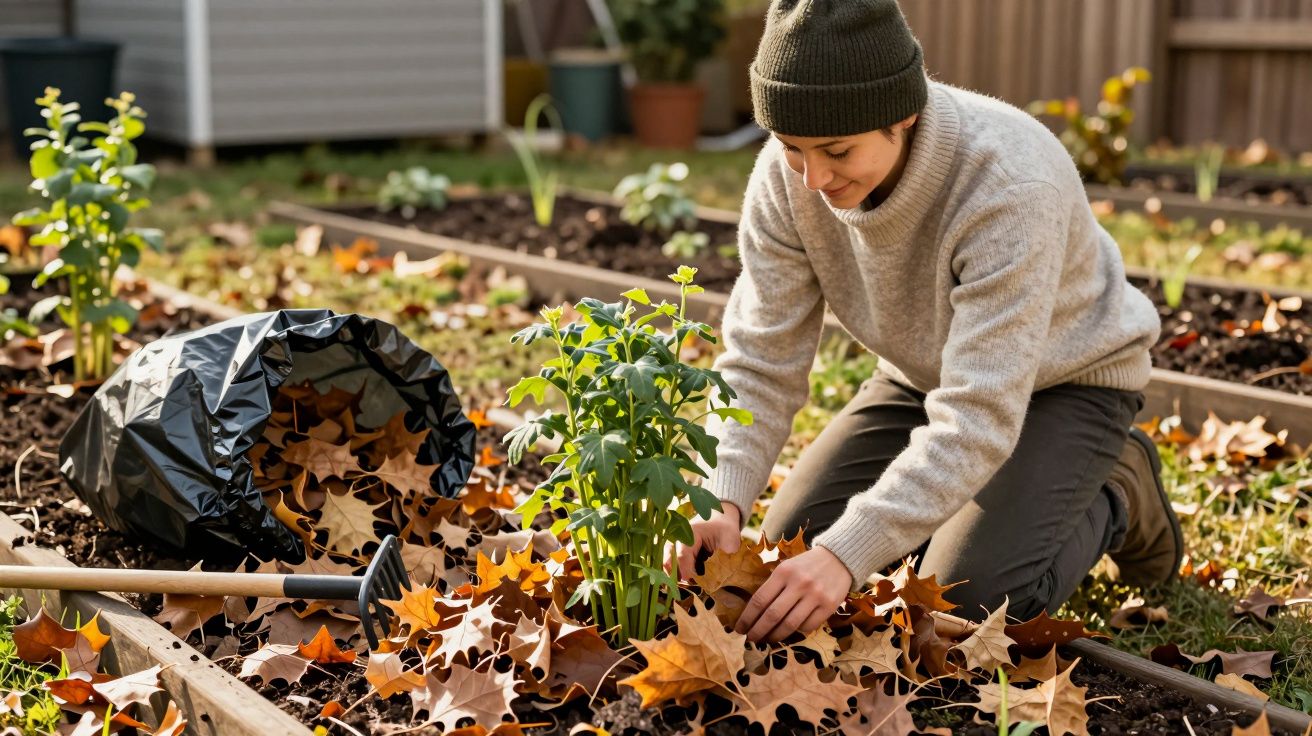 Pessoa agachada cuidando de planta e cobrindo o solo com folhas secas em jardim.