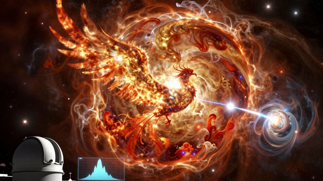 Fênix de fogo cósmico surgindo de uma nebulosa brilhante, com observatório e gráfico em primeiro plano.