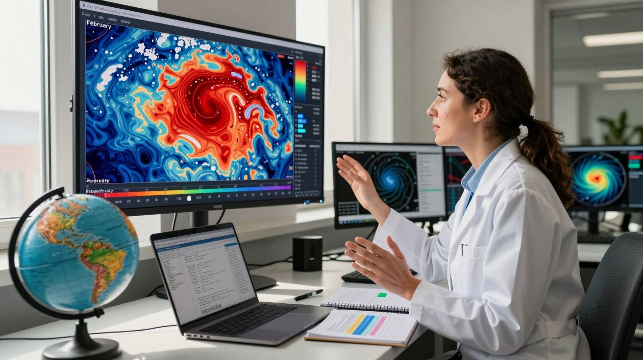 Mulher cientista em jaleco analisa mapas meteorológicos coloridos em vários monitores de computador.