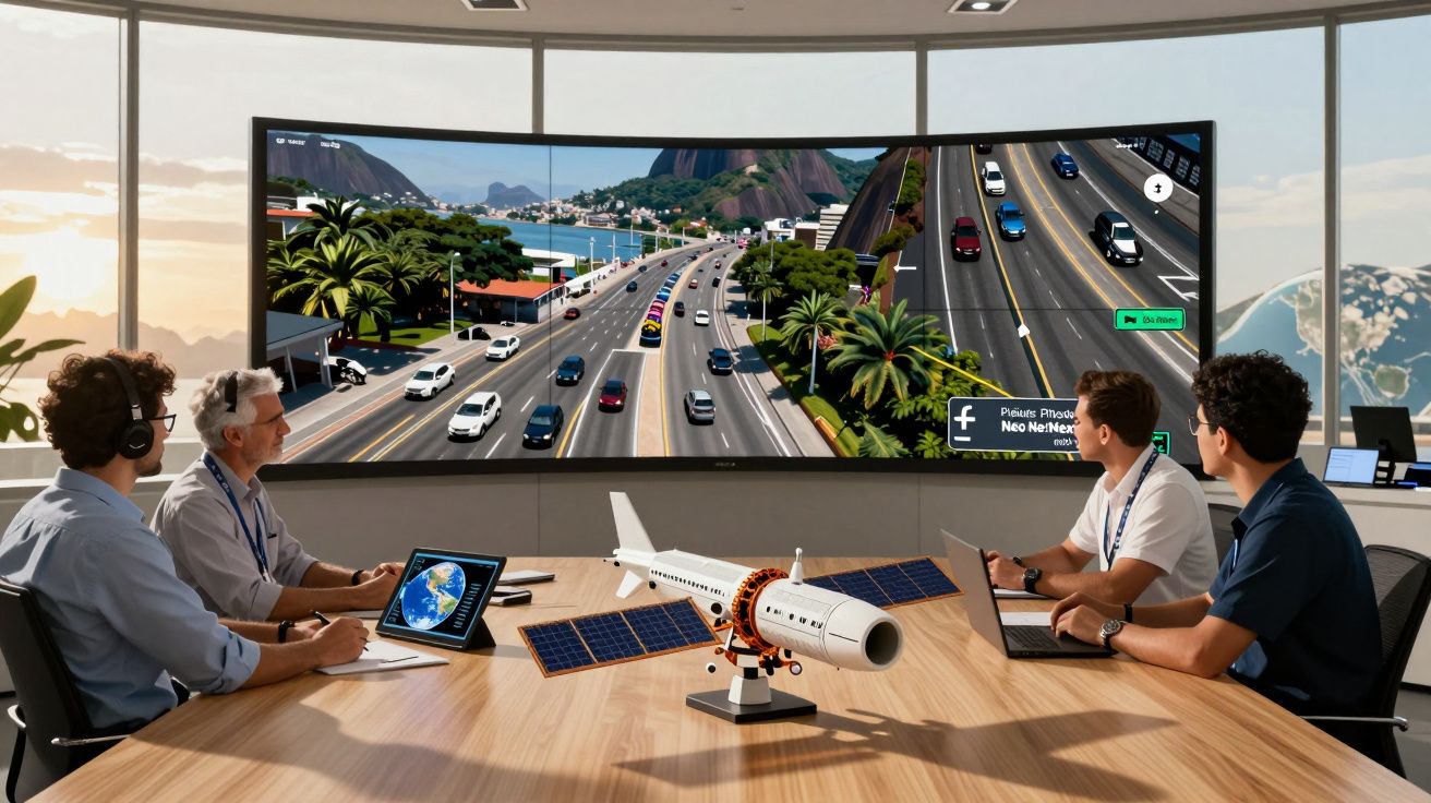 Quatro pessoas em sala de reunião com maquete de satélite e tela curva mostrando estrada movimentada.
