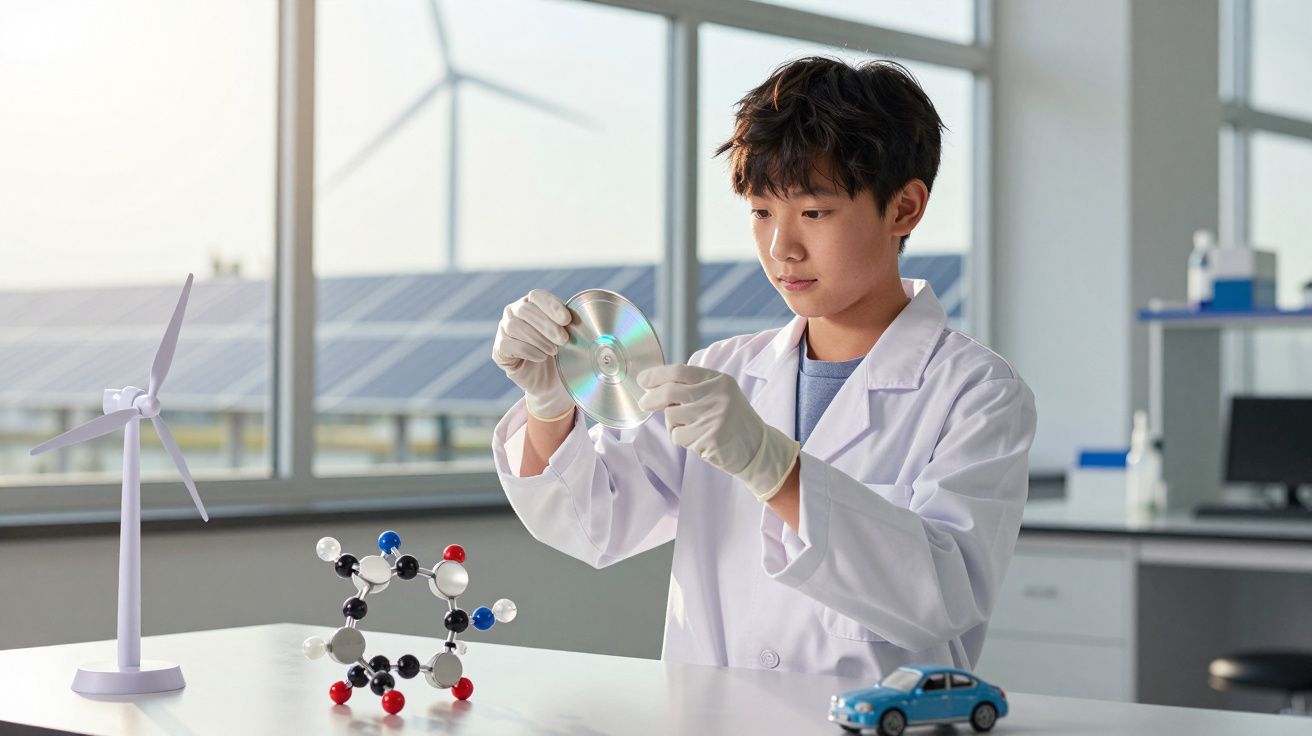 Criança vestindo jaleco e luvas examina CD em laboratório com molécula, miniatura de carro e modelo de turbina eólica.
