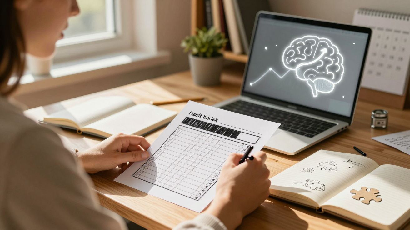 Pessoa analisando uma folha de controle de hábitos em mesa com notebook exibindo imagem de cérebro iluminado.