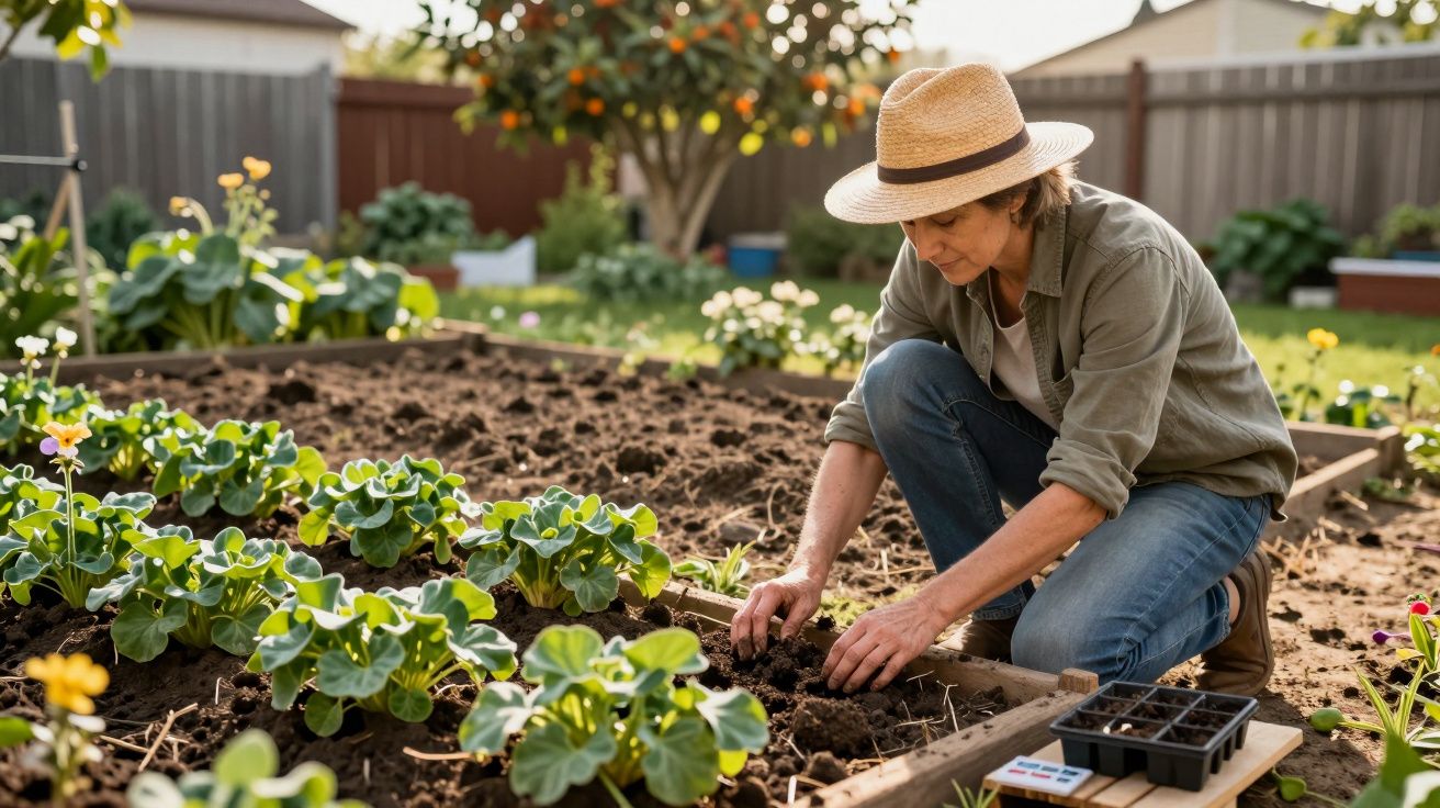 Pessoa com chapéu cultivando plantas em canteiro de jardim ensolarado em área residencial.