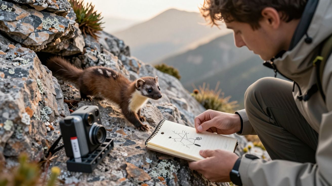 Homem ajoelhado em montanha desenha no caderno enquanto marta observa animais selvagens e câmera.