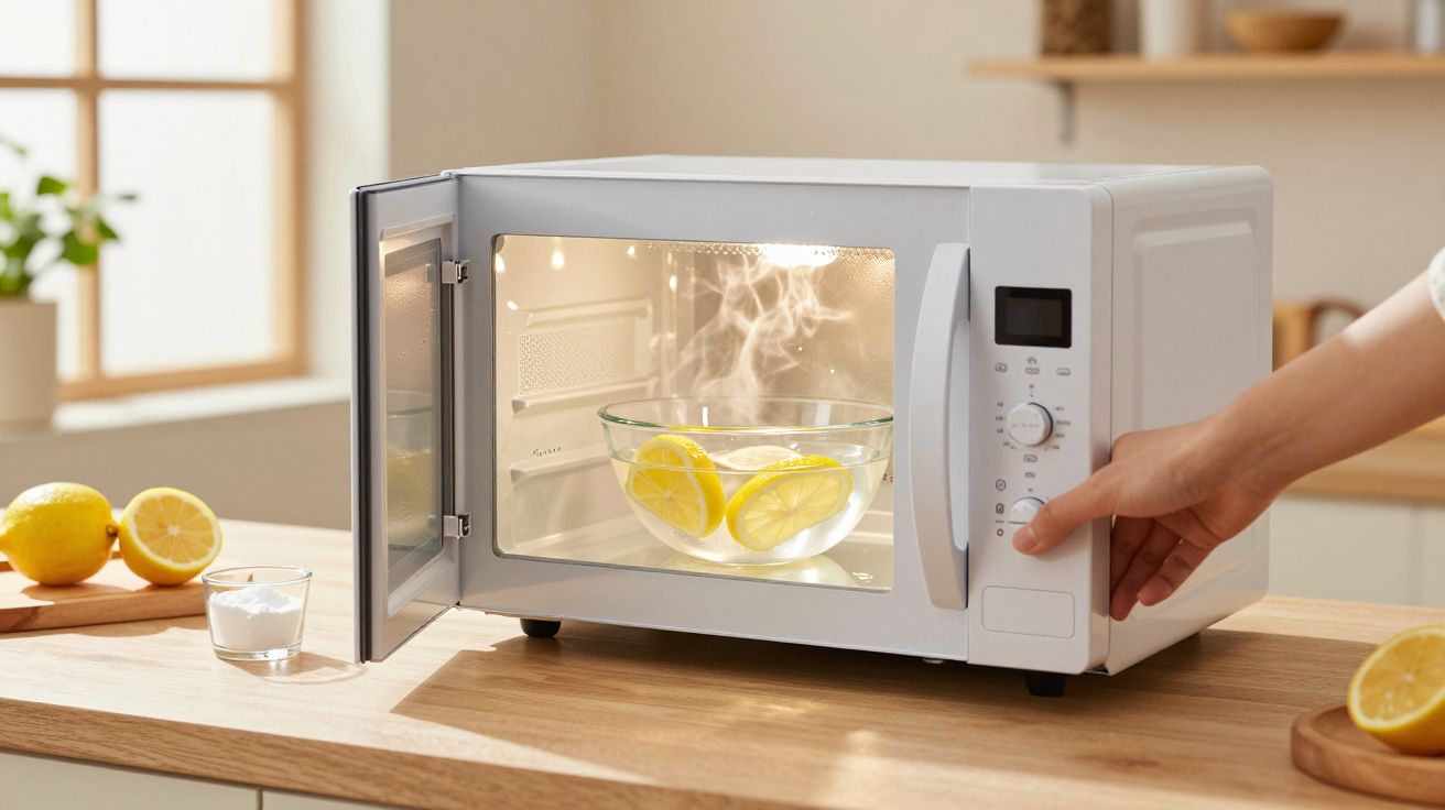 Micro-ondas branco aberto com tigela de vidro contendo fatias de limão, vapor saindo e mão ajustando o botão.