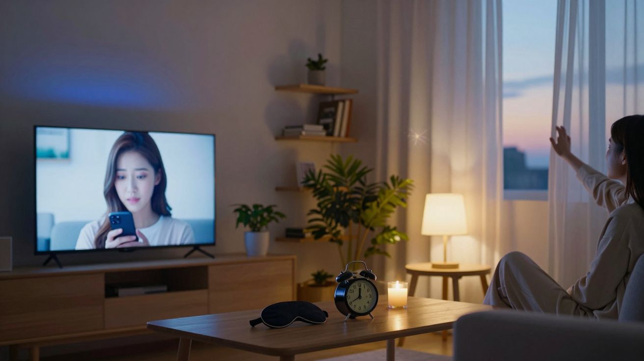 Pessoa sentada no sofá à noite, olhando pela janela com cortina transparente, sala iluminada por abajur e vela.