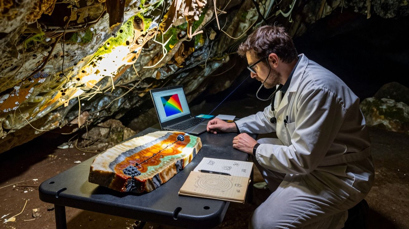 Cientista em laboratório subterrâneo analisa amostra de geodo com laptop e caderno de anotações.