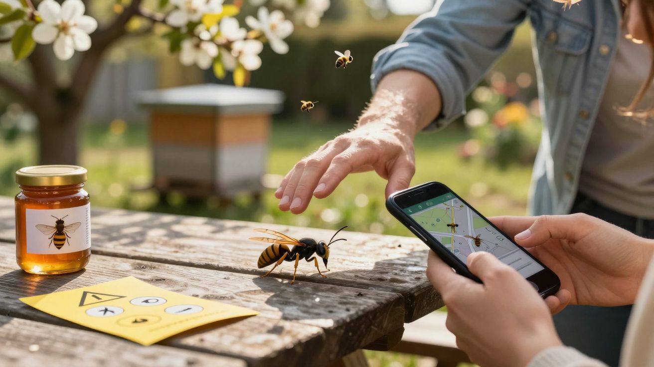 Pessoa segurando celular com mapa de abelhas, abelhas voando perto, pote de mel e manual sobre mesa de madeira.