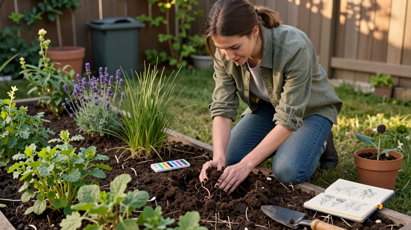 Mulher plantando mudas em canteiro de jardim com caderno de desenhos botânicos ao lado.